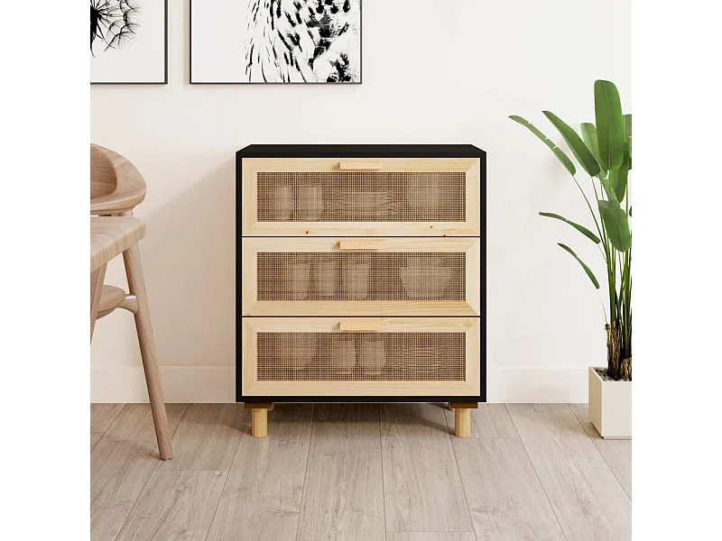 Buffet Noir 60x30x70 cm Bois de pin massif et rotin naturel FR15962