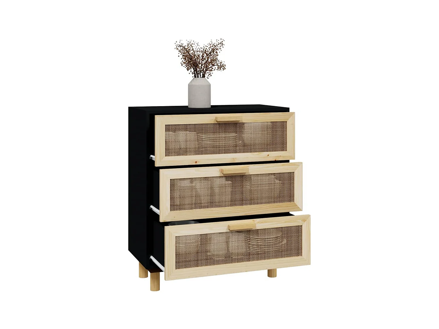 Buffet Noir 60x30x70 cm Bois de pin massif et rotin naturel FR15962
