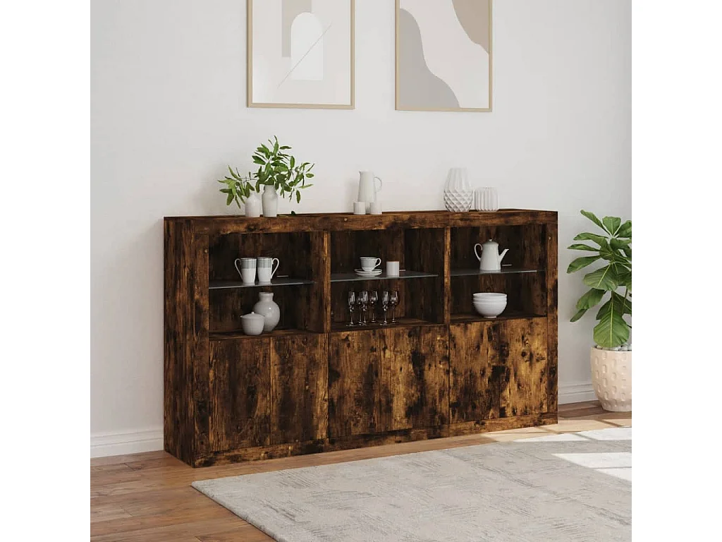 Buffet avec lumières LED chêne fumé 181,5x37x100 cm FR16876