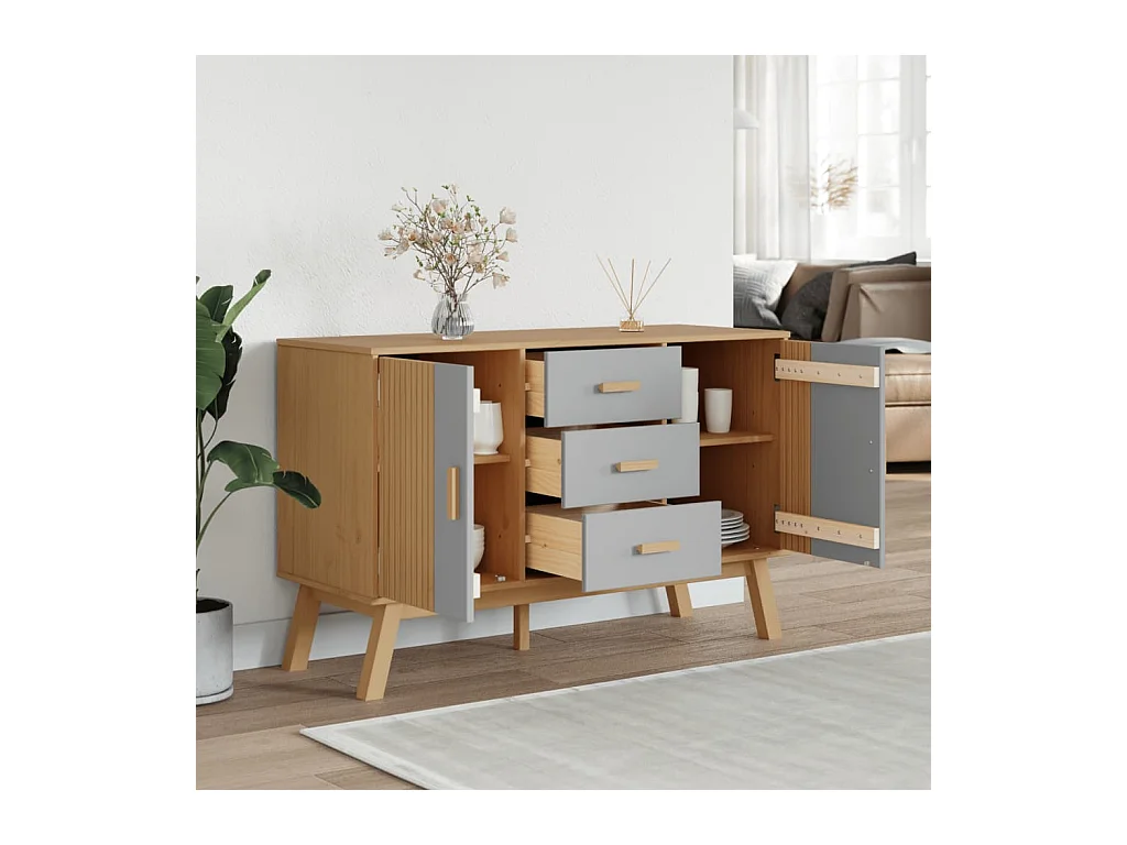Buffet OLDEN gris et marron 114x43x73,5 cm bois massif de pin FR19796