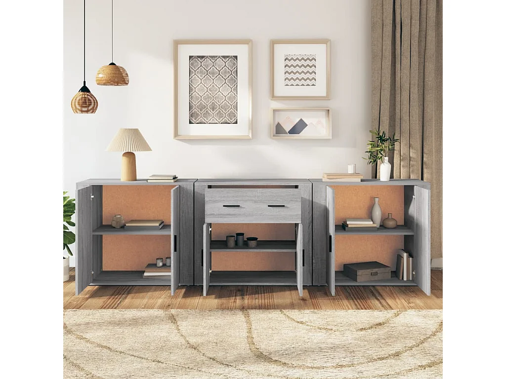 Dressoirs 3 st bewerkt hout grijs sonoma eikenkleurig BE782650