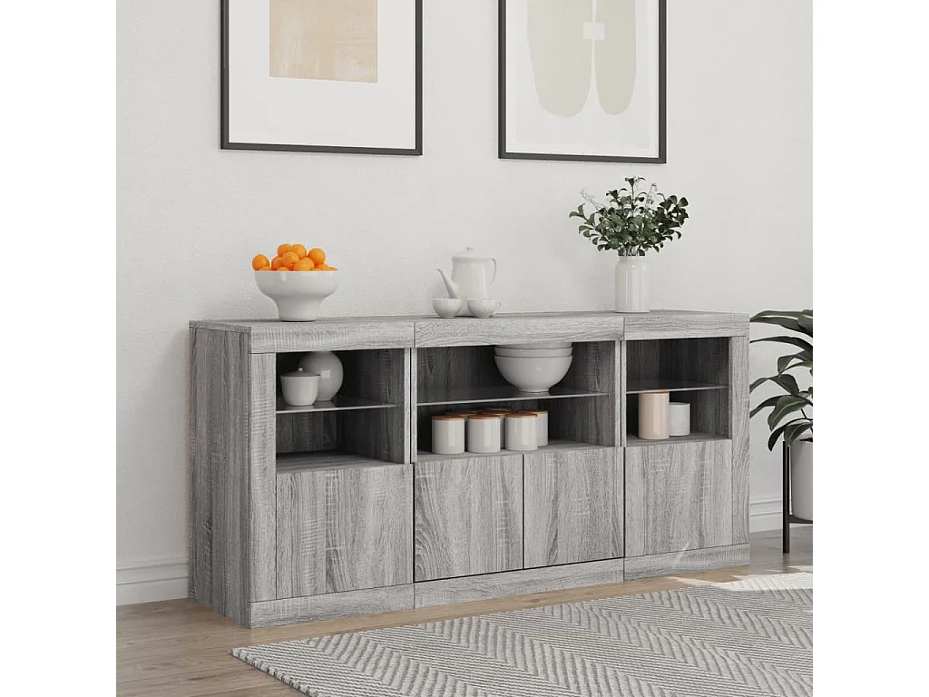 Buffet avec lumières LED sonoma gris 142,5x37x67 cm FR19963