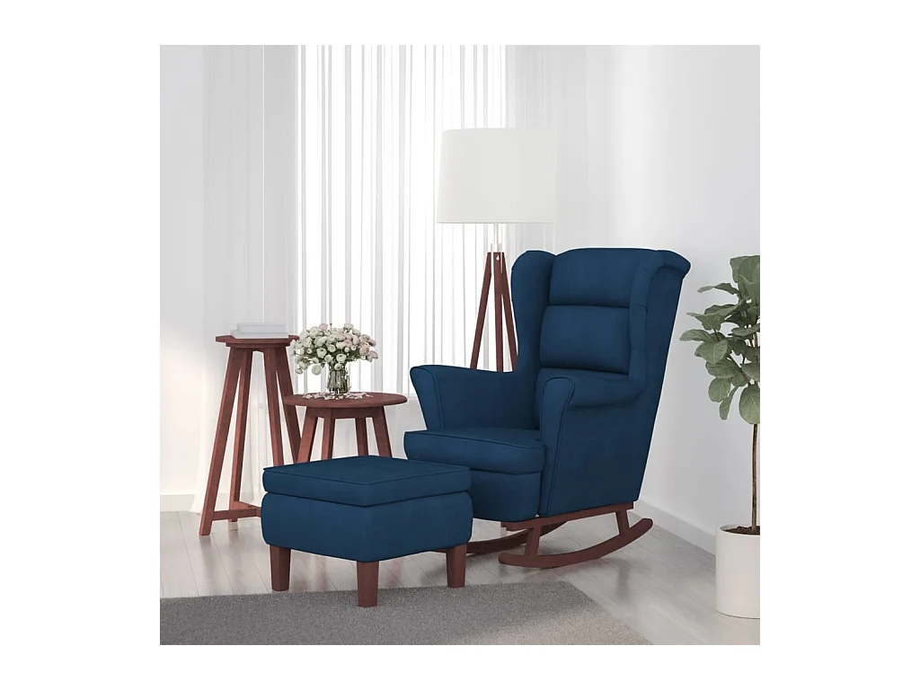 Chaise à bascule avec pieds en bois et tabouret Bleu Velours FR47640