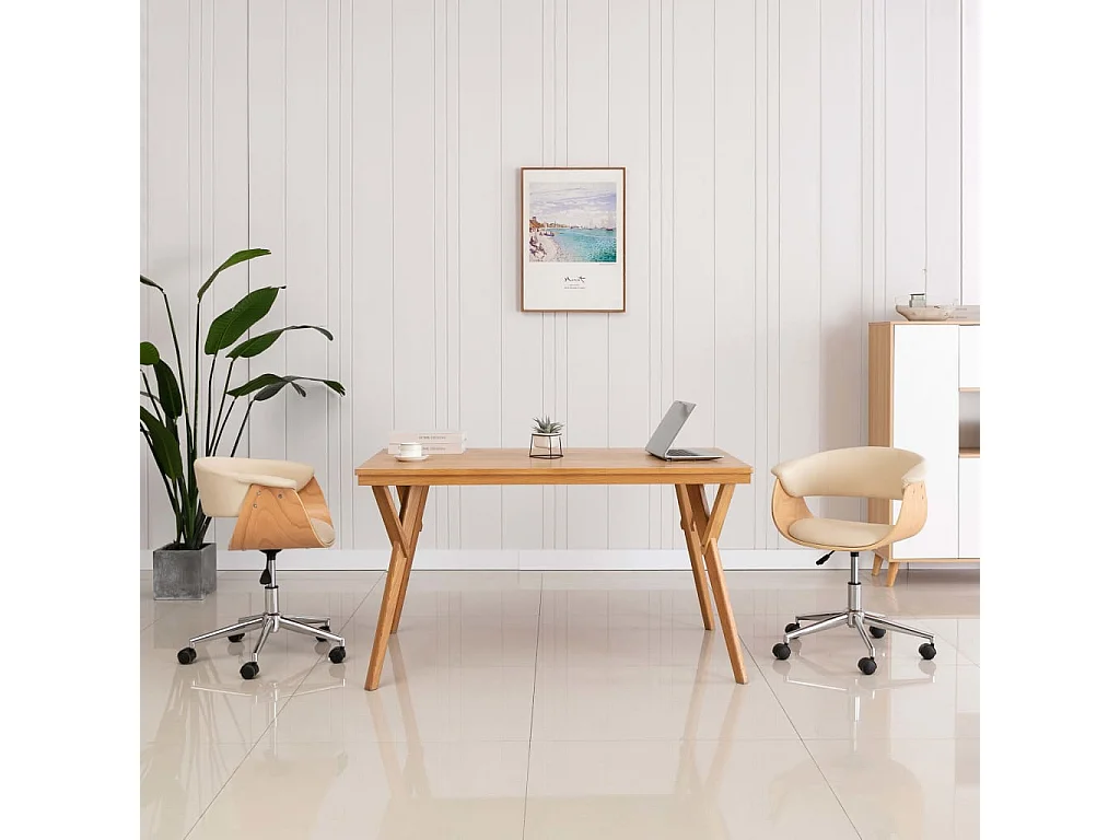 Chaise pivotante de bureau Crème Bois courbé et similicuir FR78526