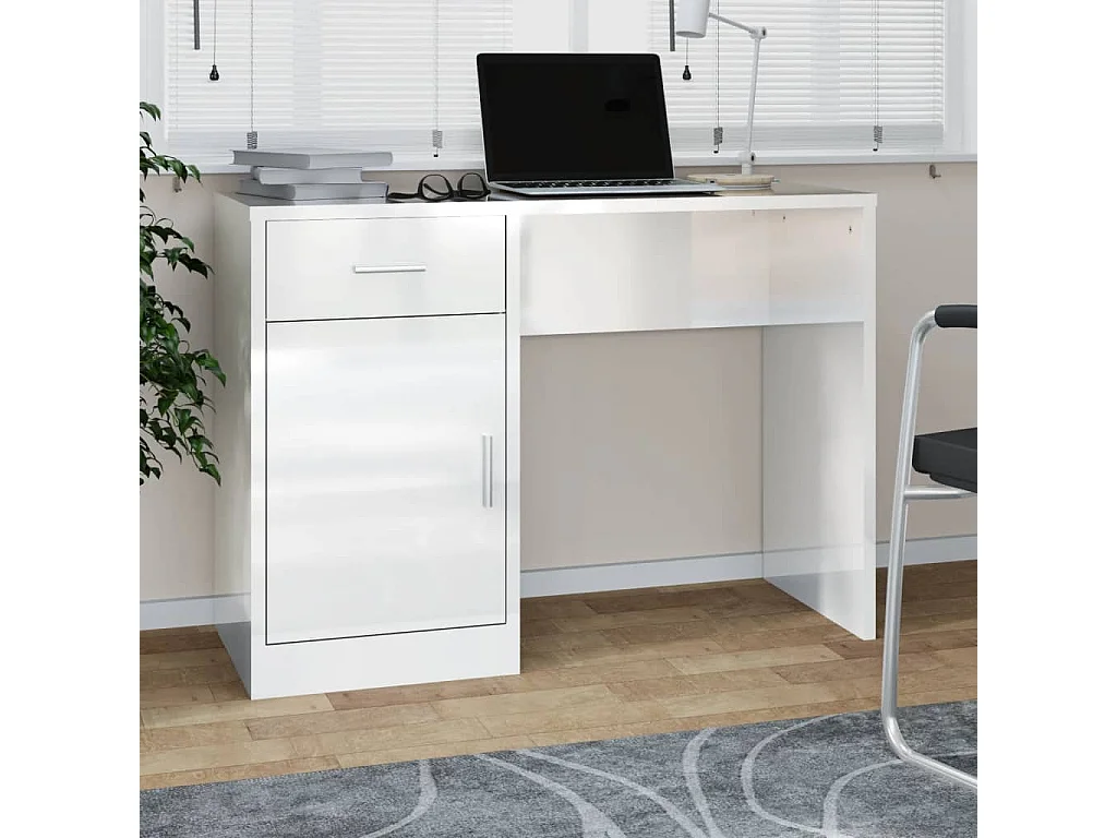 Bureau met kast en lade 100x40x73 cm bewerkt hout hoogglans wit BE543739