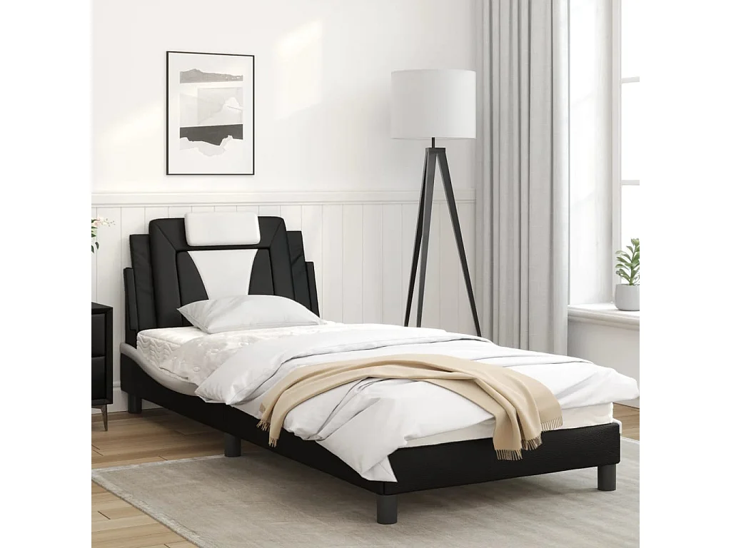 Lit simple + tête de lit noir et blanc 90x190cm similicuir FR87190