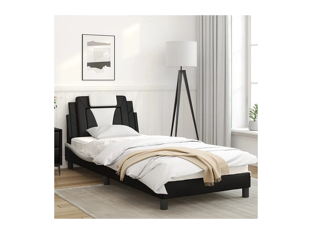 Cama individual- con cabecero cuero sintético negro y blanco ES467974
