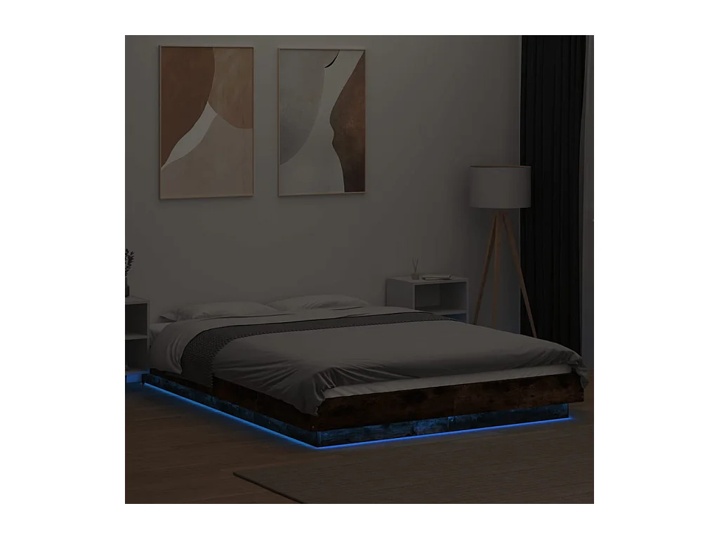 Lit double avec lumières LED chêne fumé 135x190 cm FR36699
