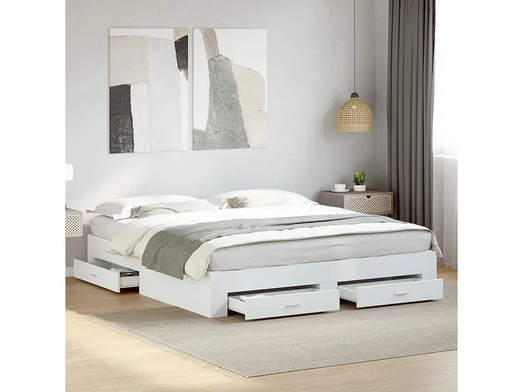 Lit double avec tiroirs blanc 180x200 cm bois d'ingénierie FR59072