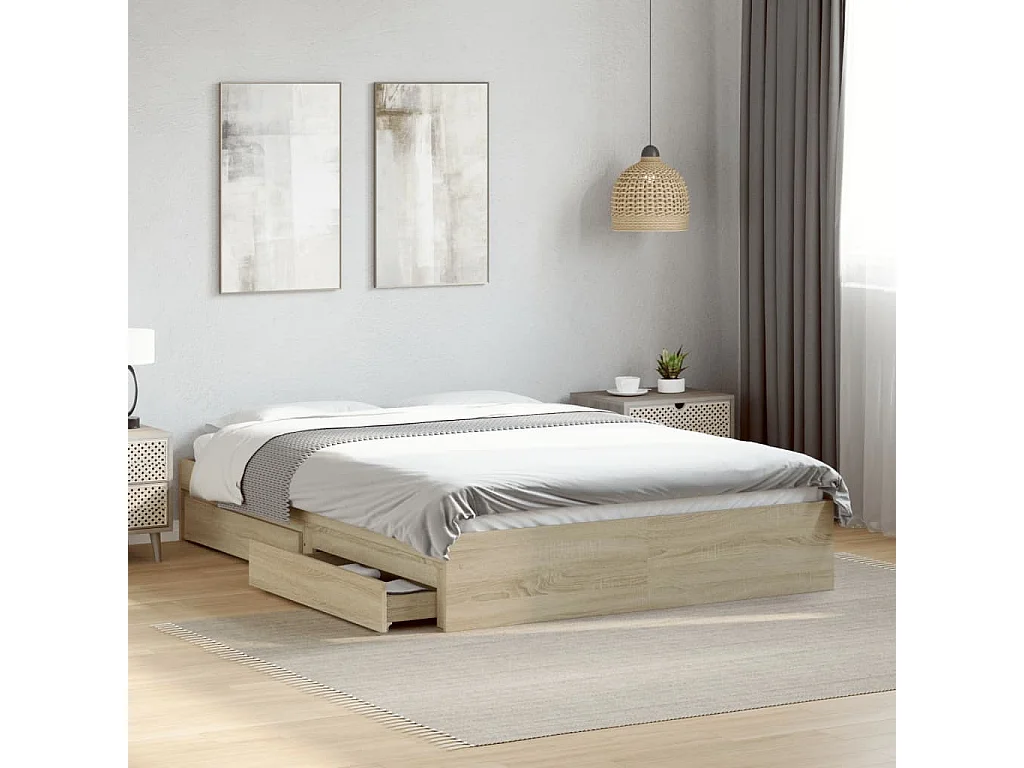 Lit double et tiroirs chêne sonoma 120x190 cm bois ingénierie FR48565