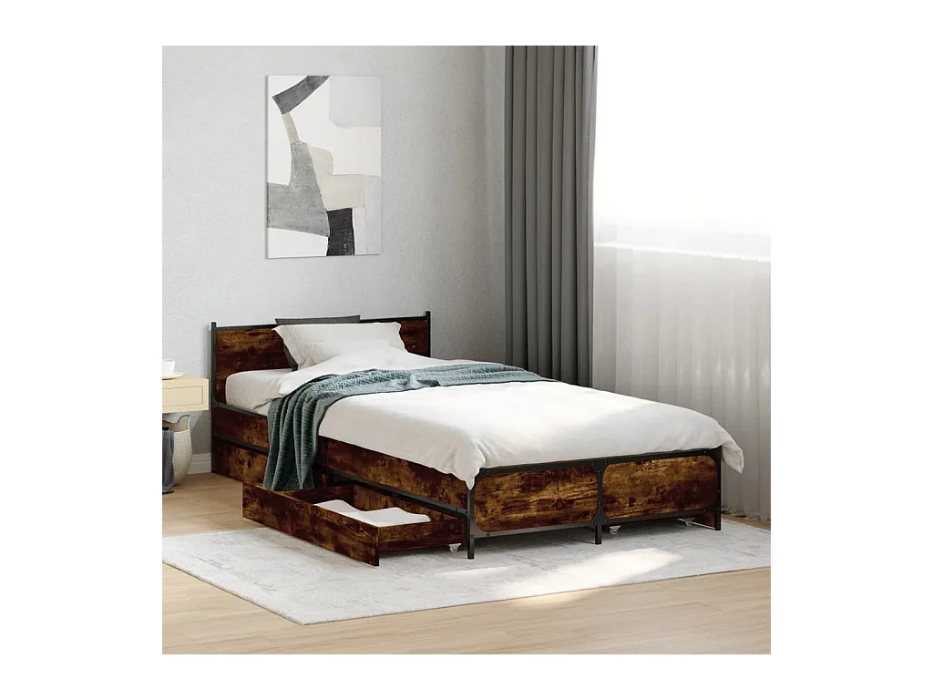 Lit simple et tiroirs chêne fumé 75x190 cm bois d'ingénierie FR77983