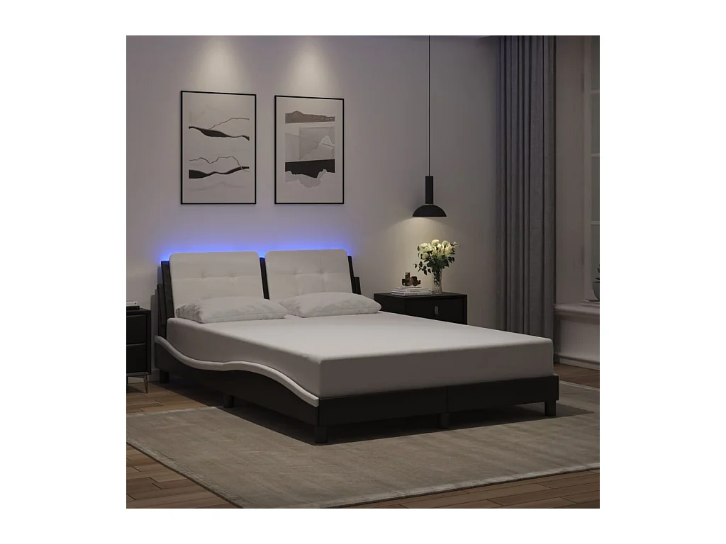 Cama 140x200 cm - con LED cuero sintético negro blanco ES132945