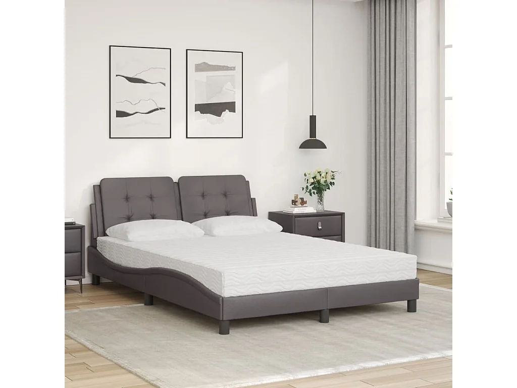 Lit adulte + matelas gris 140x190 cm similicuir FR28155
