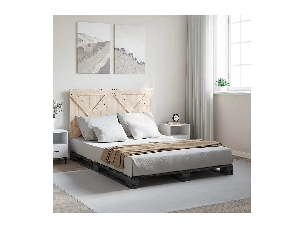 Lit double + tête de lit gris 160x200cm bois de pin massif FR74872