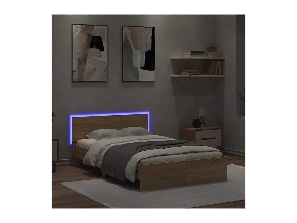 Lit double + tête de lit et LED chêne sonoma 135x190 cm FR34405