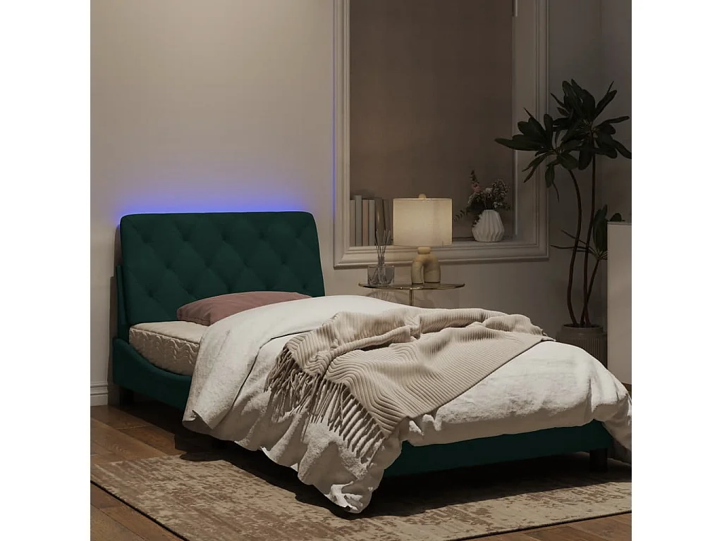 Lit simple avec lumières LED vert foncé 100x200 cm velours FR31068
