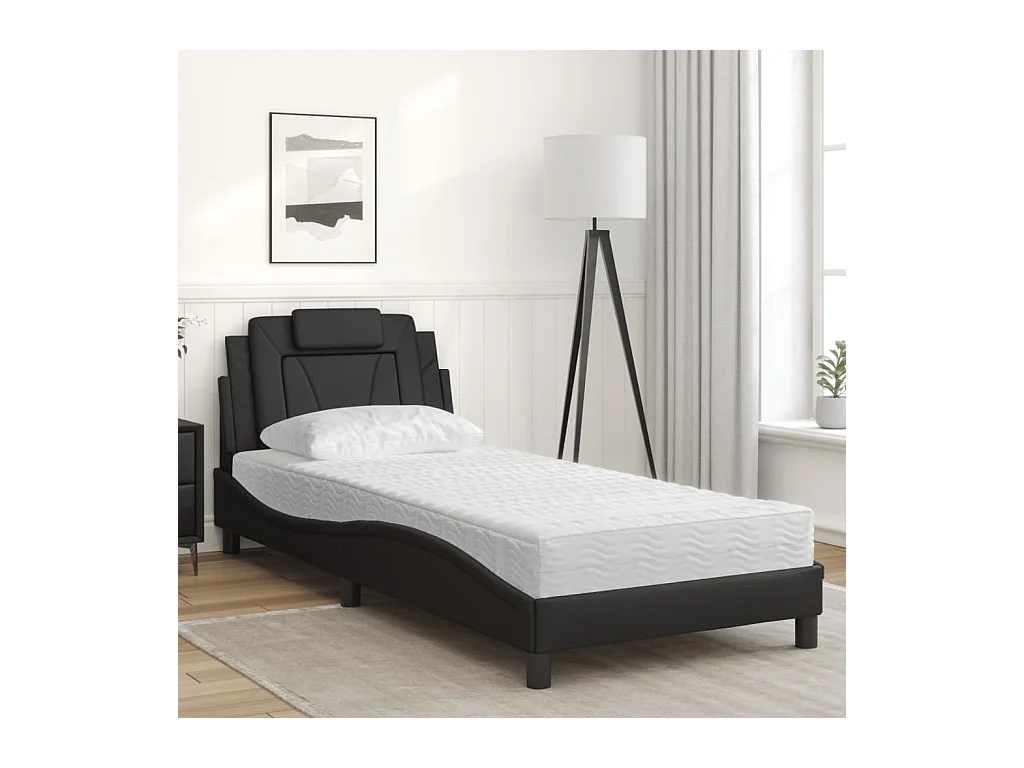 Lit adulte + matelas noir 90x200 cm similicuir FR61342