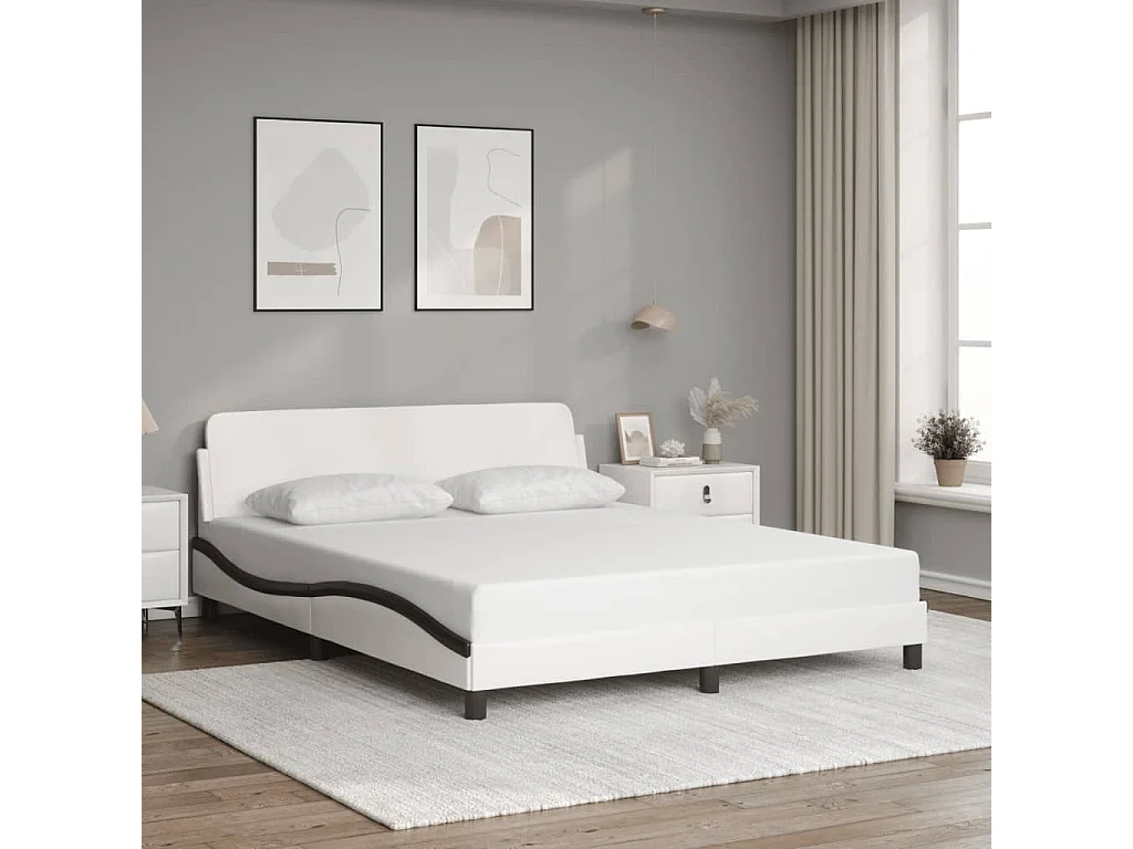 Cama c/ cabeceira 160x200 couro artif. branco/preto PT378753