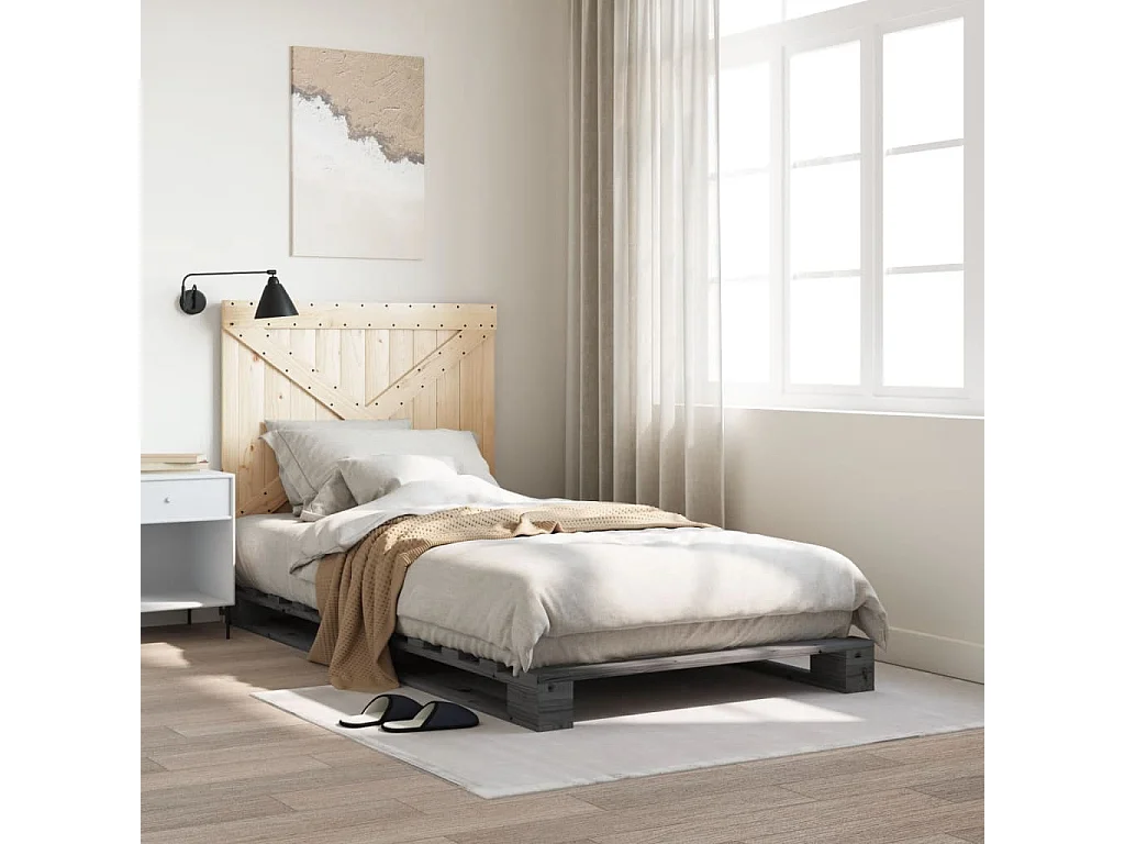 Bedframe met hoofdbord massief grenenhout grijs 100x200 cm BE644212