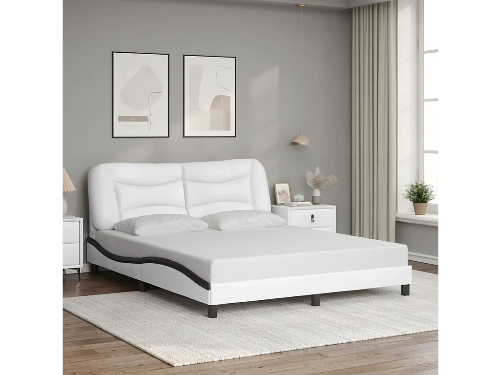 Lit double et tête de lit blanc et noir 160x200 cm similicuir FR92575