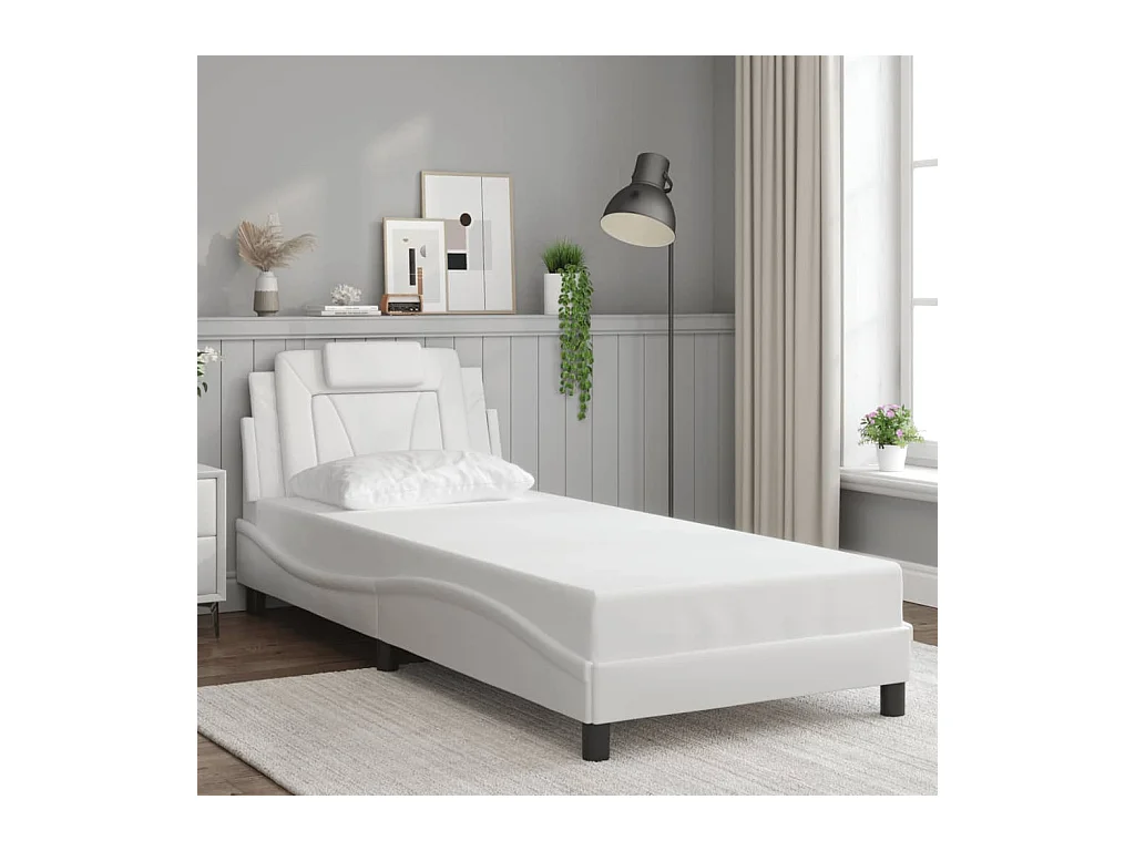 Lit simple + tête de lit Blanc 90x190 cm Similicuir FR32117