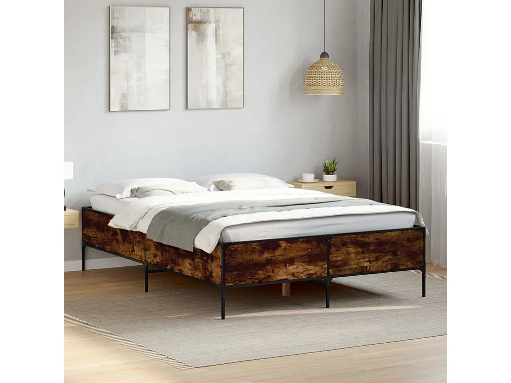 Lit double chêne fumé 160x200 cm bois d'ingénierie et métal FR95752