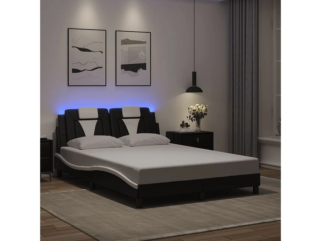 Cama c/ luzes LED 120x200cm couro artif. preto/branco PT560230