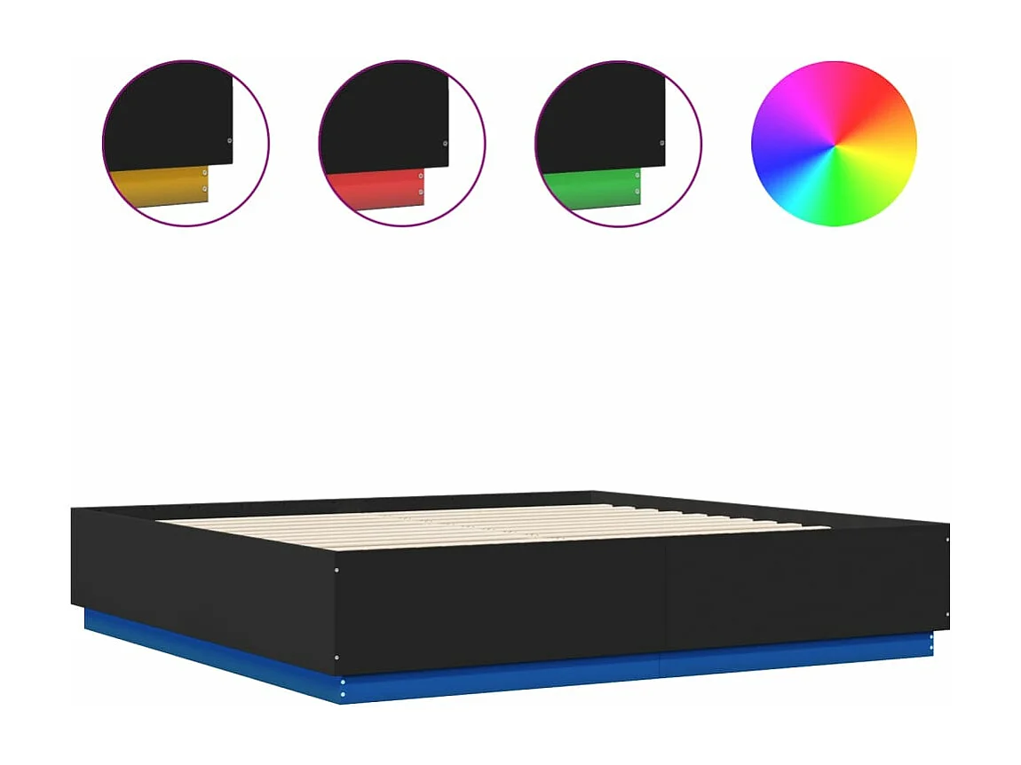 Lit double avec lumières LED noir 200x200cm bois d'ingénierie FR95259