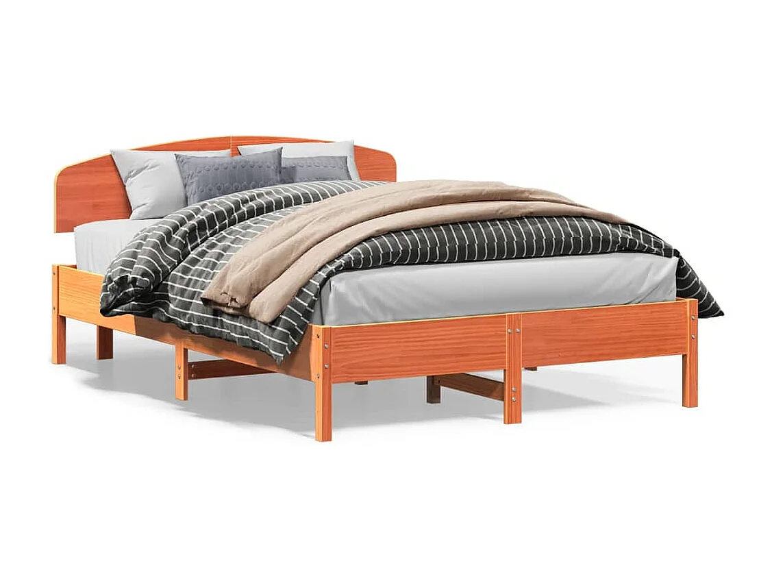 Lit double et tête de lit cire marron 160x200 cm bois de pin FR12110