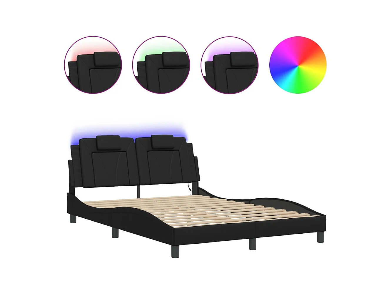 Cama matrimonial- 140x200 cm con luces LED cuero PE negro ES344113