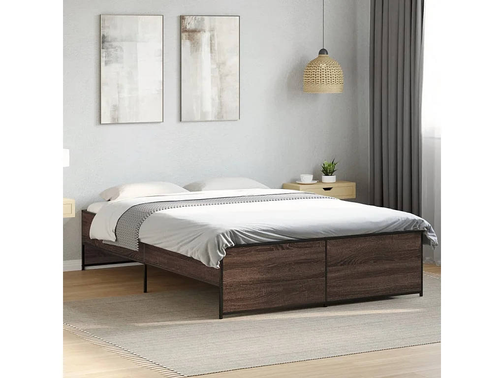 Cama 135x190 cm - madera ingeniería metal marrón roble ES722954