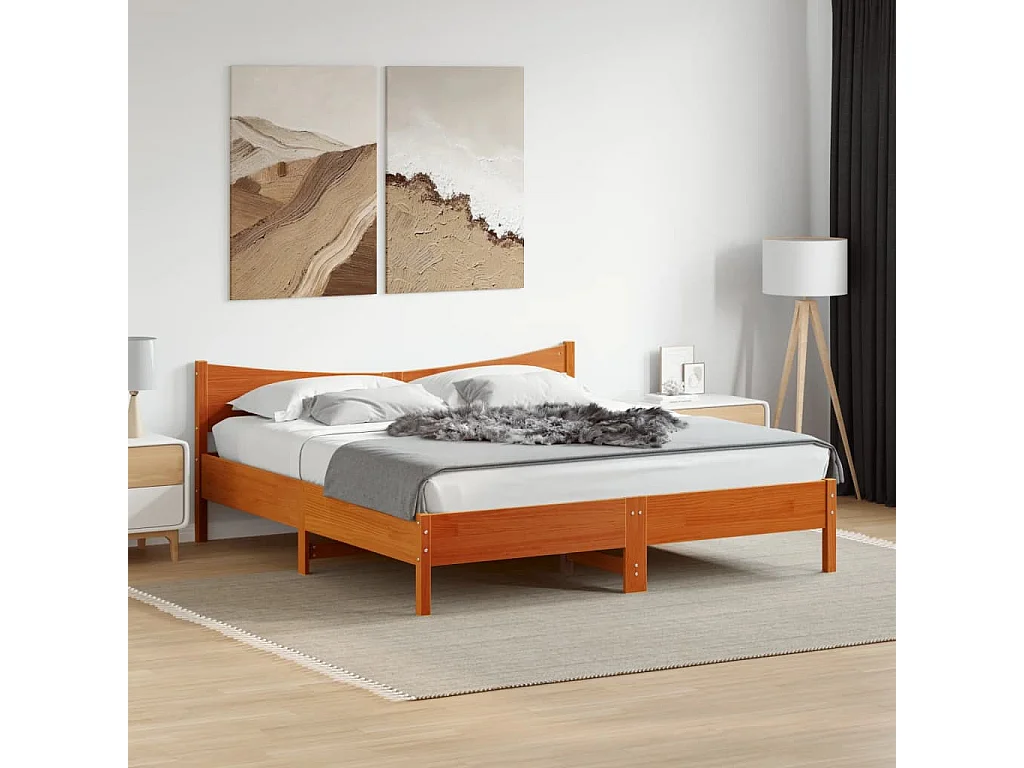 Lit double et tête de lit cire marron 180x200 cm bois de pin FR26747