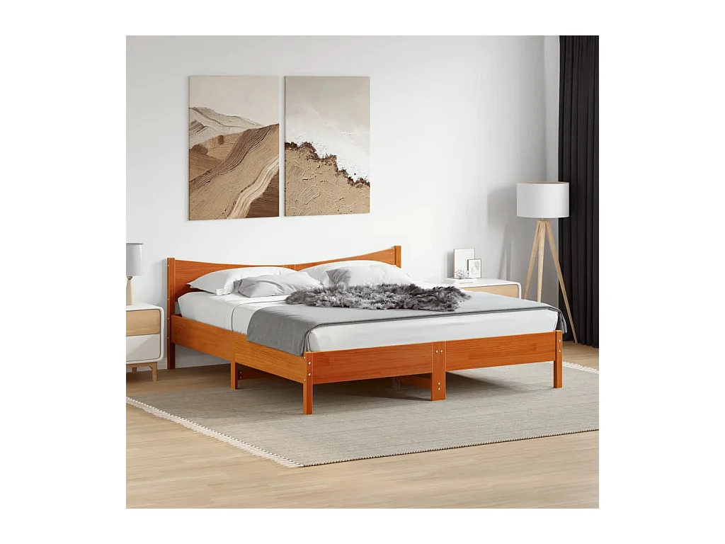 Lit double et tête de lit cire marron 180x200 cm bois de pin FR26747
