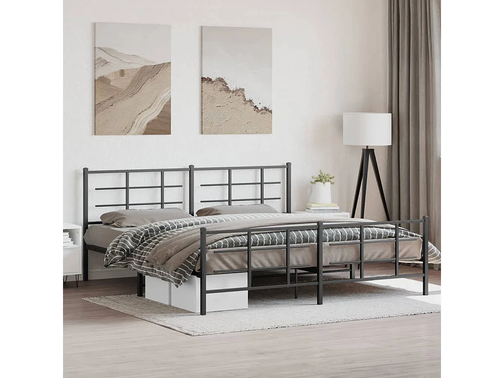 Lit double métal + tête de lit/pied de lit noir 193x203 cm FR25660