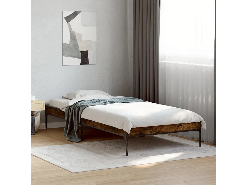 Lit simple chêne fumé 100x200 cm bois d'ingénierie et métal FR55492