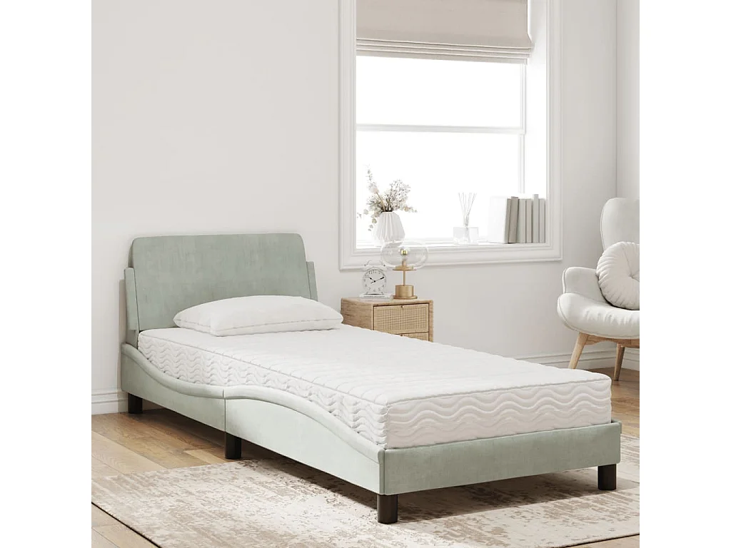 Lit adulte + matelas gris clair 90x200 cm velours FR23257
