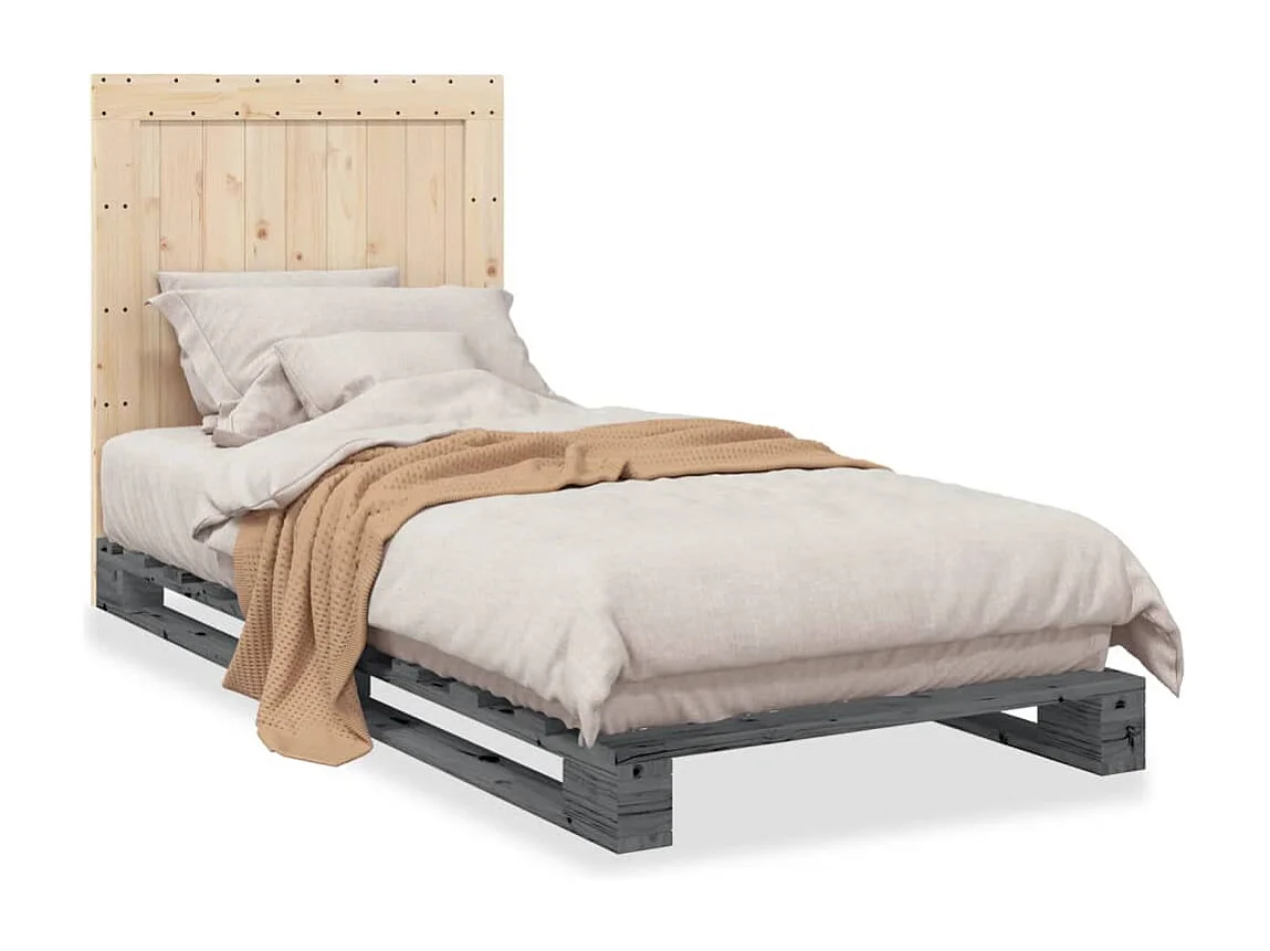 Bedframe met hoofdbord massief grenenhout grijs 90x200 cm BE925663