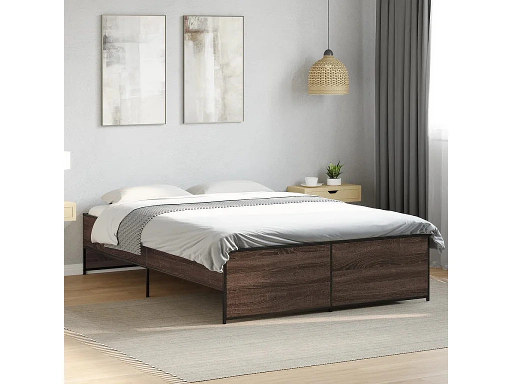 Lit double chêne marron 120x190 cm bois d'ingénierie et métal FR49225