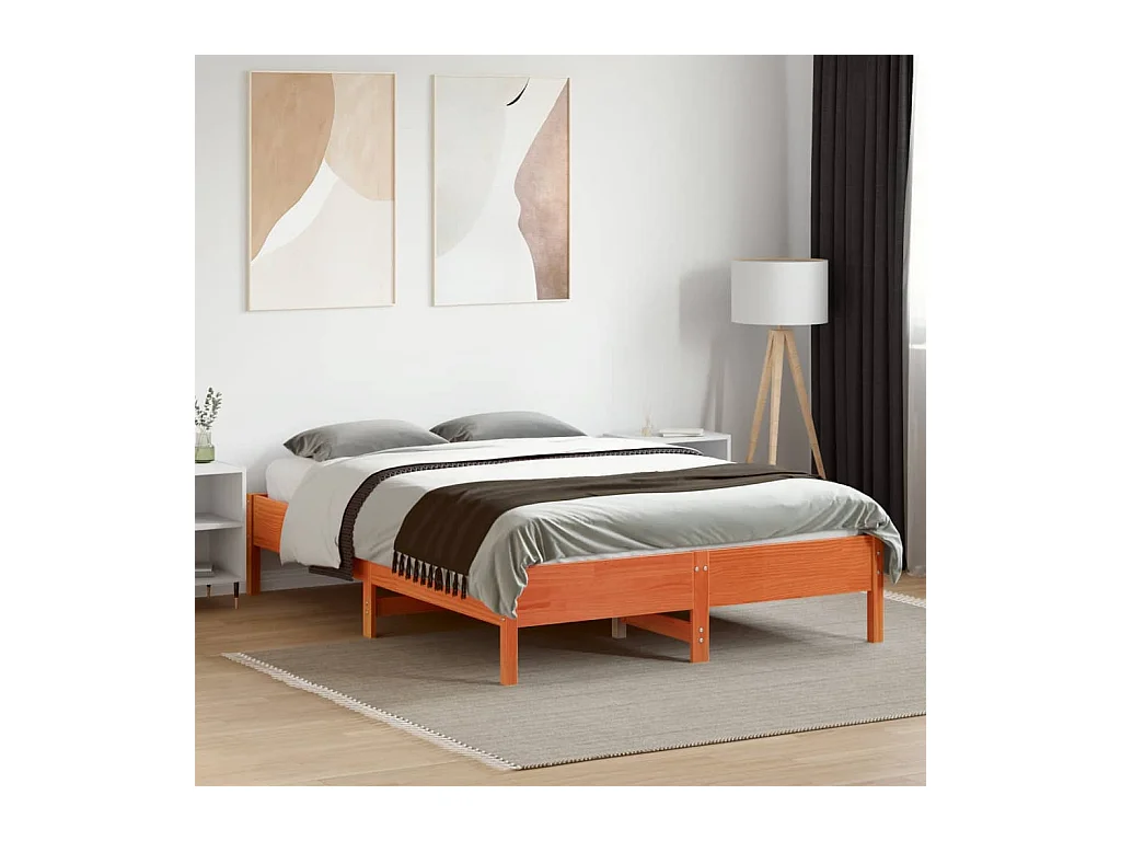 Lit double cire marron 140x190 cm bois de pin massif FR33926