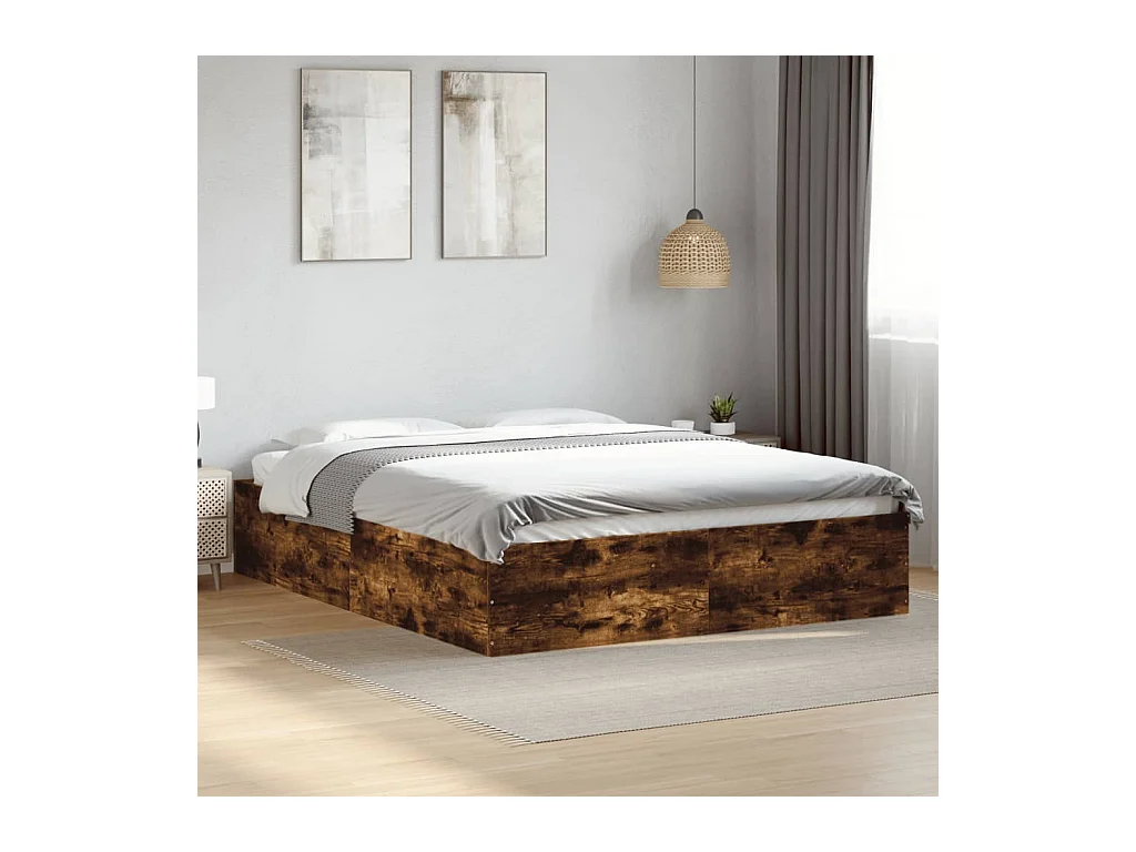 Lit double chêne fumé 150x200 cm bois d'ingénierie FR42280