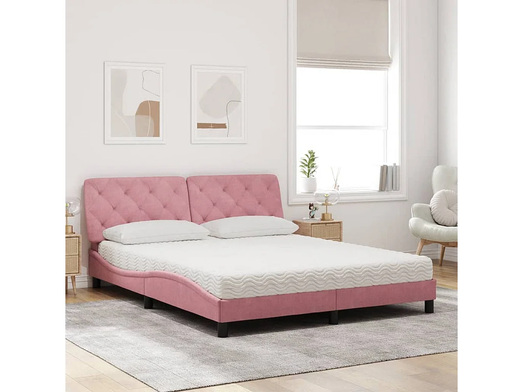 Lit adulte + matelas rose 160x200 cm velours FR48841