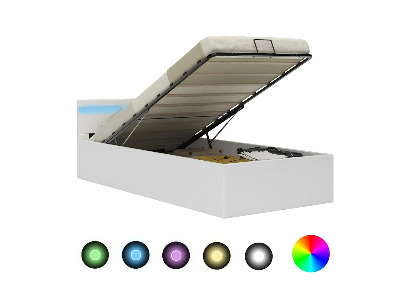 Bedframe met opslag hydraulisch LED kunstleer wit 90x200 cm  BE630052