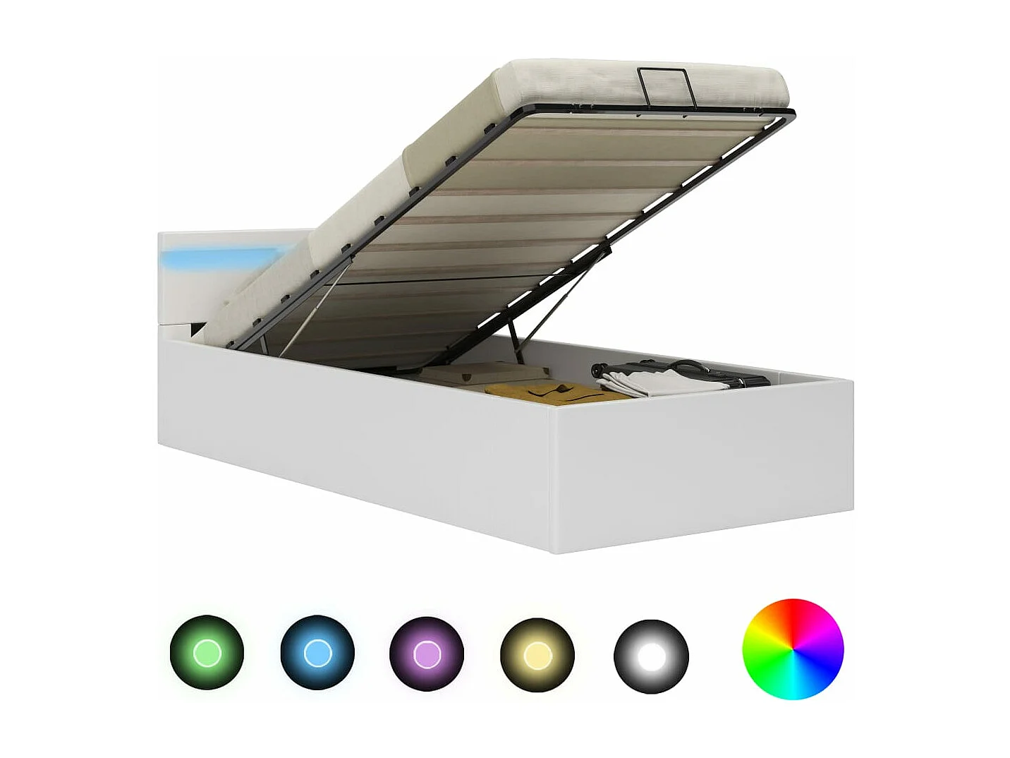 Cama com compartimento de arrumação LED 90x200cm couro artifi. branco PT107571