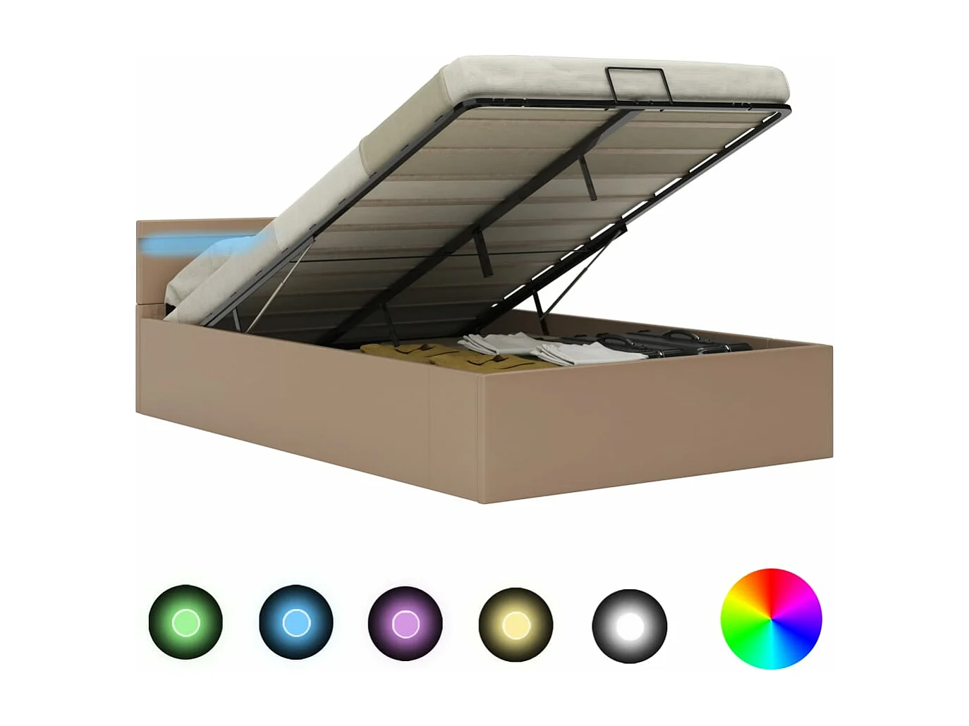 Cama com compartimento de arrumação e LED 120x200cm couro artif. cappuccino PT154270