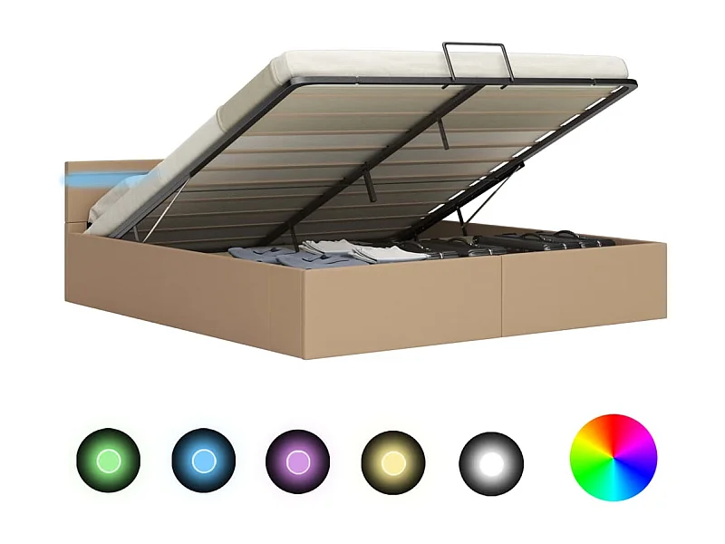 Cama com compartimento de arrumação e LED 180x200cm couro artif. cappuccino PT760761