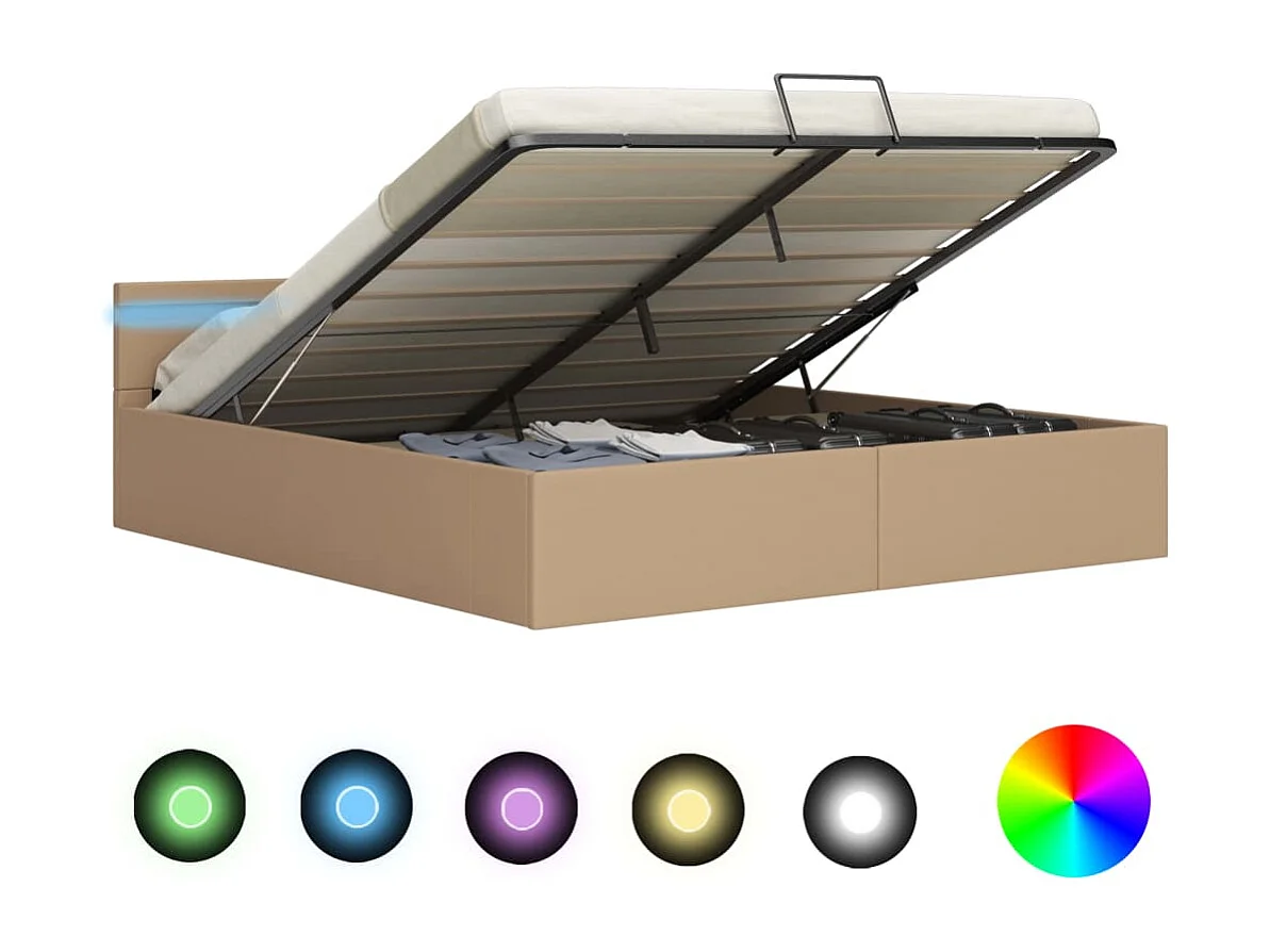 Cama com compartimento de arrumação e LED 180x200cm couro artif. cappuccino PT760761