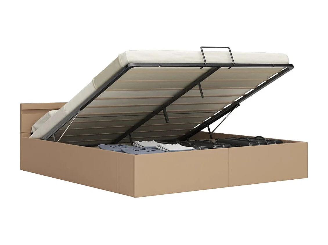 Cama com compartimento de arrumação e LED 180x200cm couro artif. cappuccino PT760761