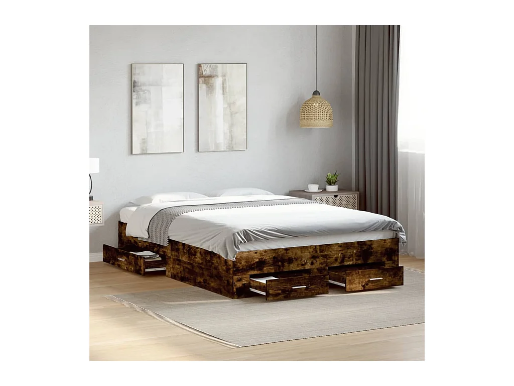Lit double et tiroirs chêne fumé 120x200 cm bois d'ingénierie FR33215