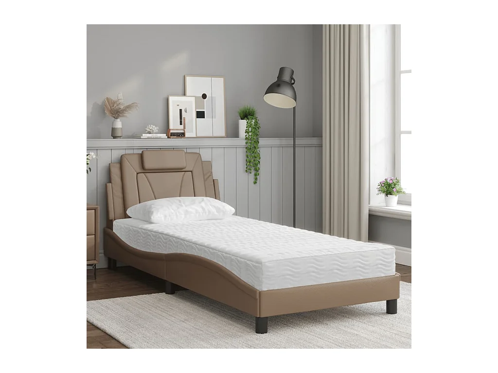 Lit adulte + matelas cappuccino 90x190 cm similicuir FR84697