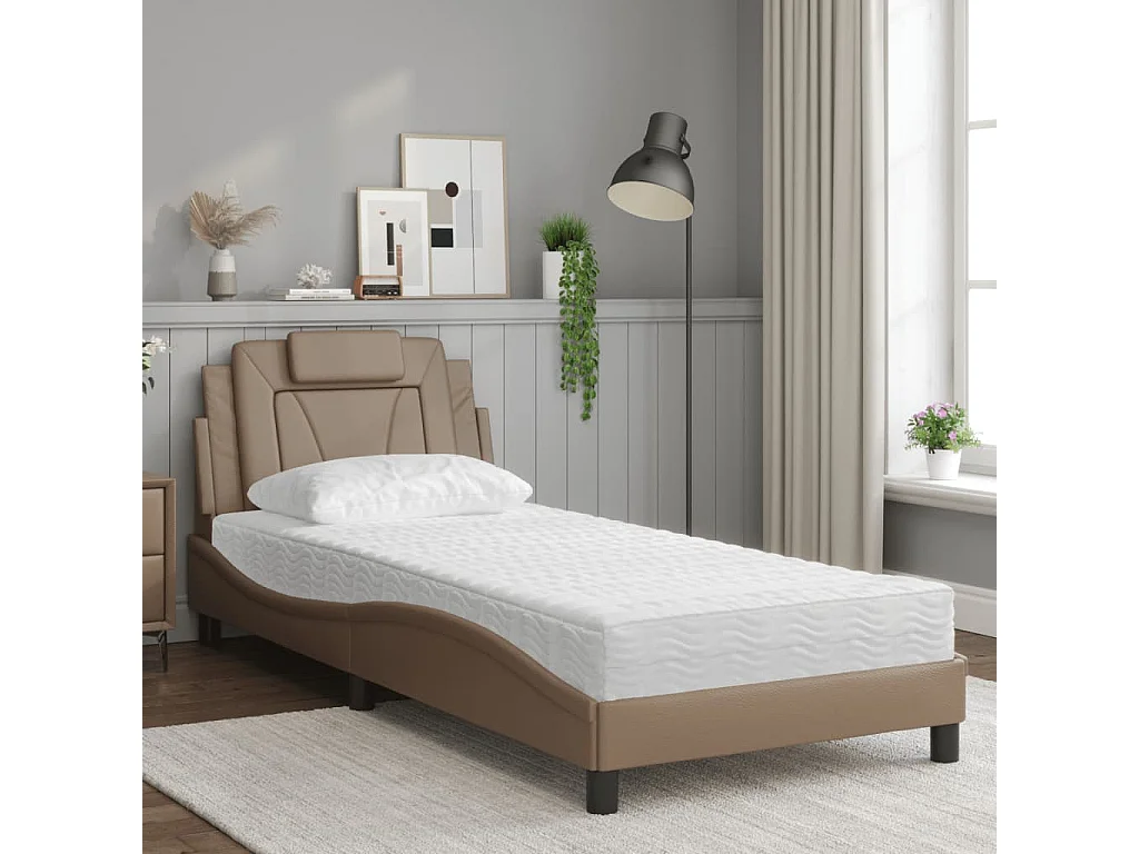 Lit adulte + matelas cappuccino 90x190 cm similicuir FR84697